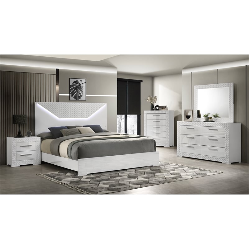 Blanca Modern Style Queen Bed Made With LED  Headboard & Wood in White Color