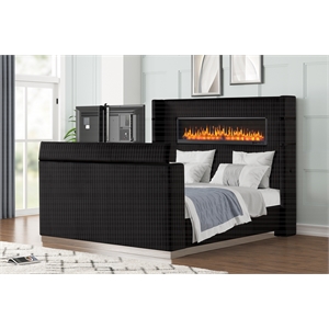 Lavish Modern Style Queen Bed with Fireplace and TV Stand made with Wood- Black