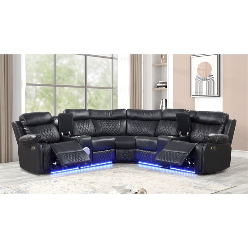Lacrose Modern Style Power Recliner Sectional made with wood and metal in Black