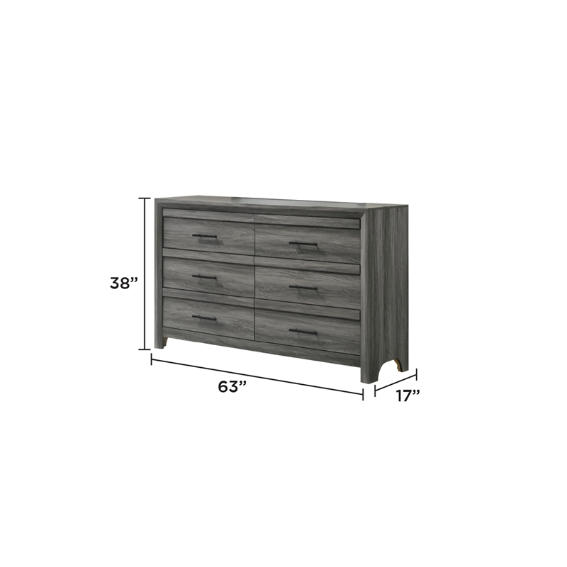 Denver Modern Style 6-Drawer Dresser Made With Wood & Black Handle Pulls in Gray