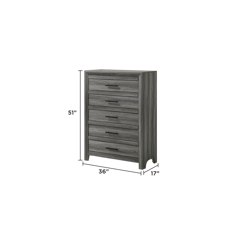 Denver Modern Style 5-Drawer Chest Made With Wood & Black Handle Pulls in Gray