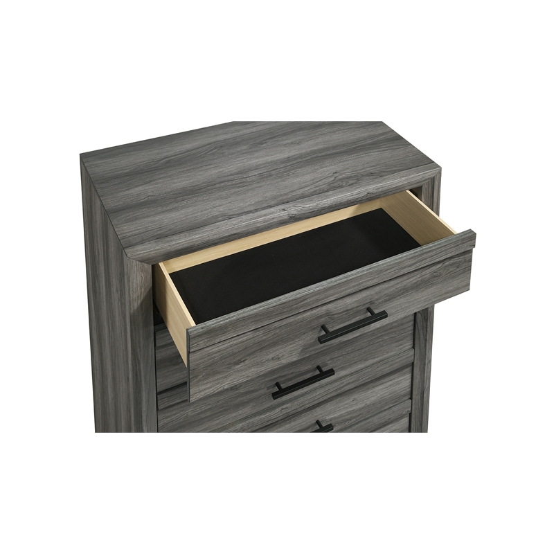 Denver Modern Style 5-Drawer Chest Made With Wood & Black Handle Pulls in Gray