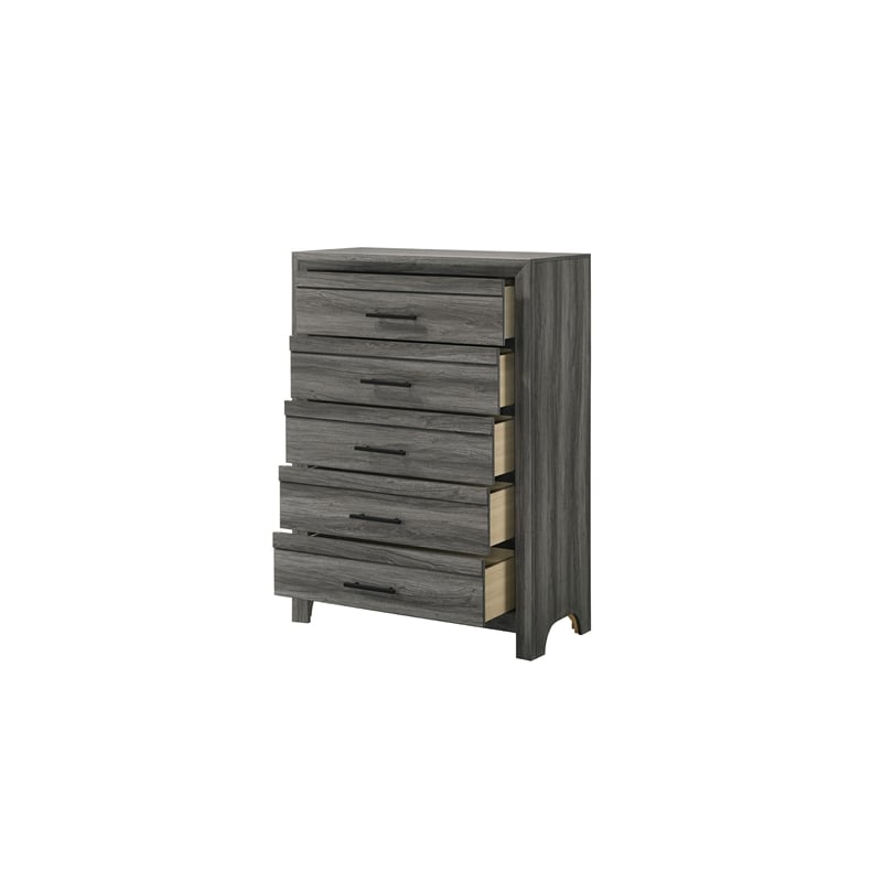 Denver Modern Style 5-Drawer Chest Made With Wood & Black Handle Pulls in Gray