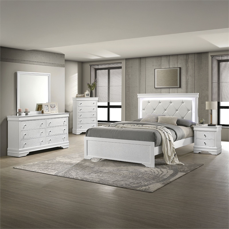 Blaze Modern Style Full 5PC bedroom set made with Wood & LED Headboard in White
