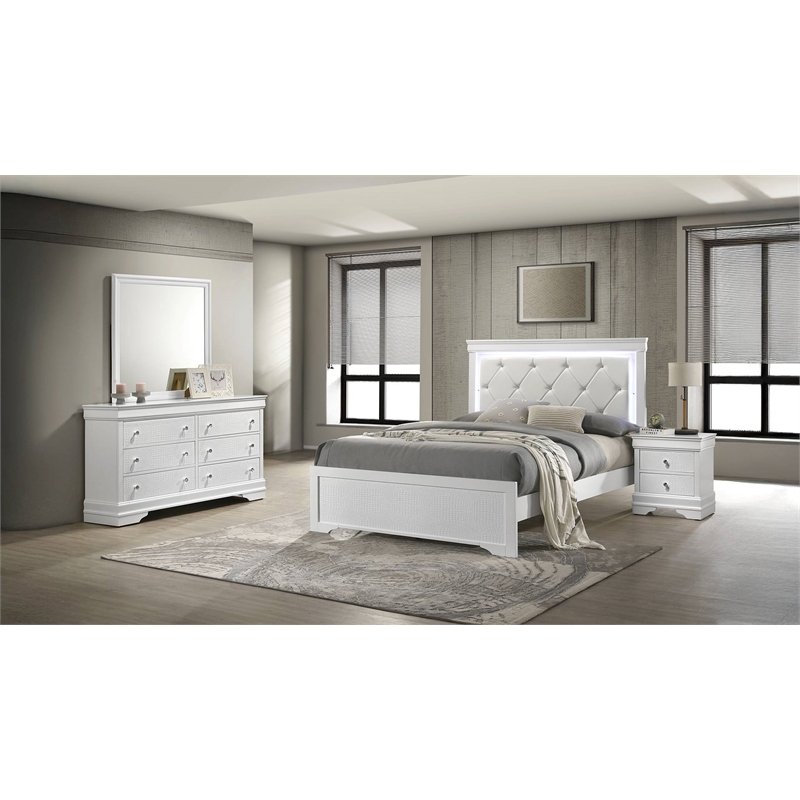 Blaze Modern Style Queen 4PC bedroom set made with Wood & LED Headboard in White