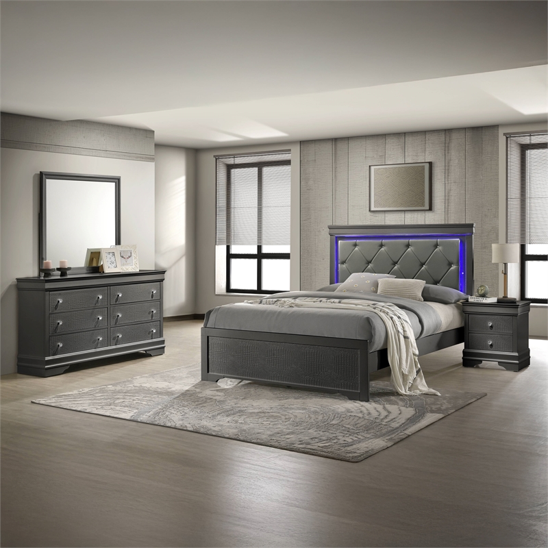 Blaze Modern Style Twin 4PC bedroom set made with Wood & LED Headboard in Gray