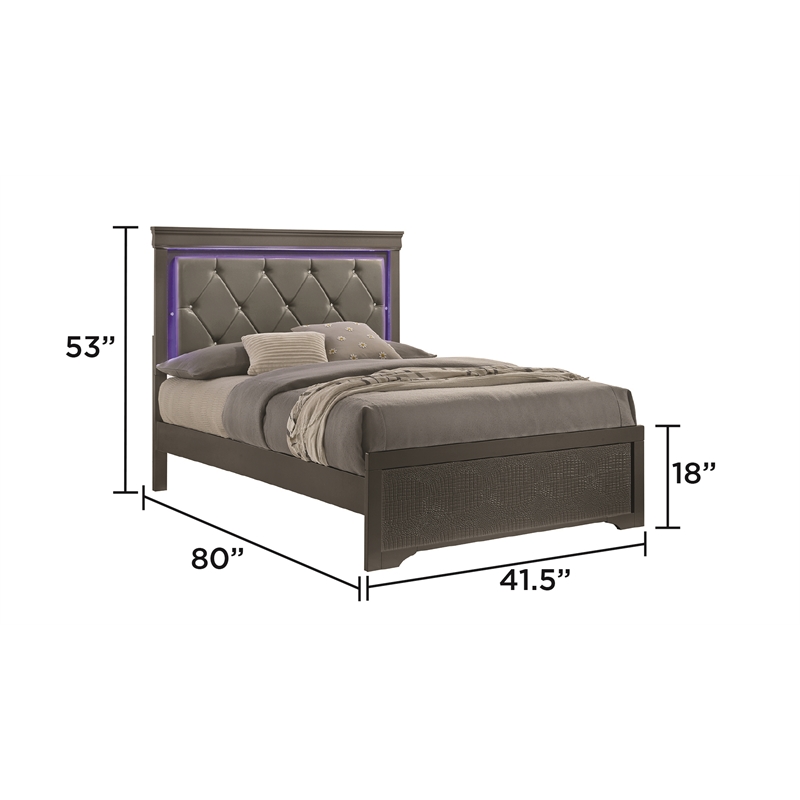 Blaze Modern Style Twin 4PC bedroom set made with Wood & LED Headboard in Gray