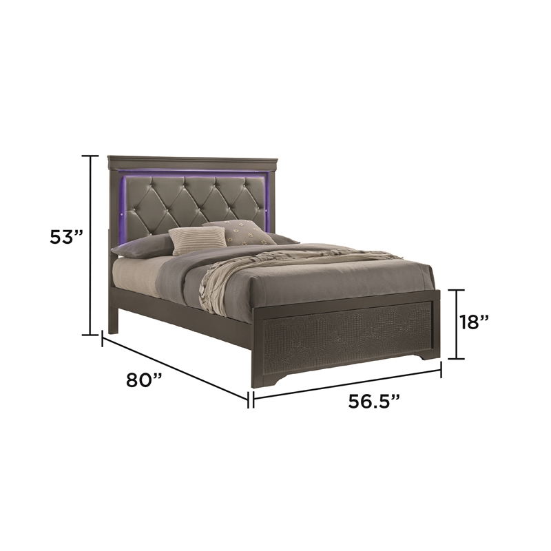 Blaze Modern Style Full 4PC bedroom set made with Wood & LED Headboard in Gray