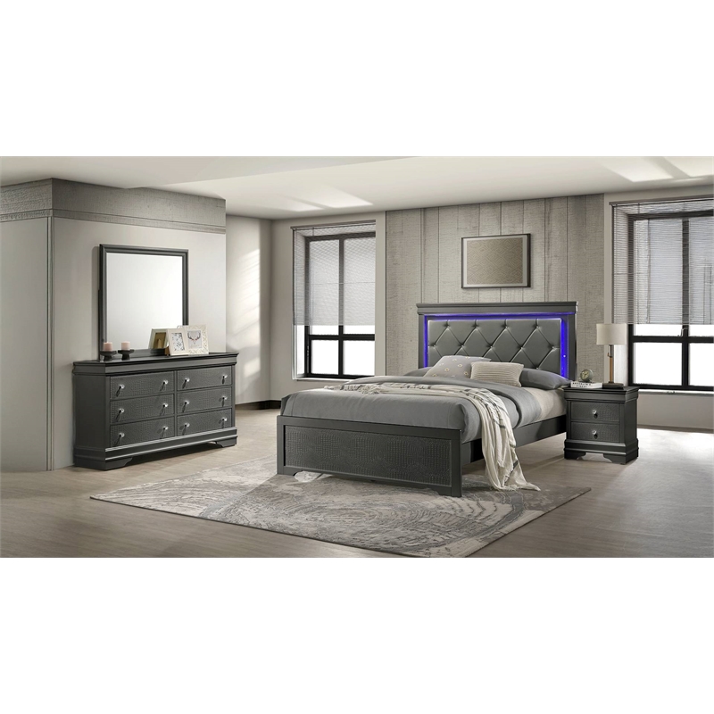 Blaze Modern Style Full 4PC bedroom set made with Wood & LED Headboard in Gray