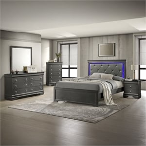 Blaze Modern Style Twin 5PC bedroom set made with Wood & LED Headboard in Gray