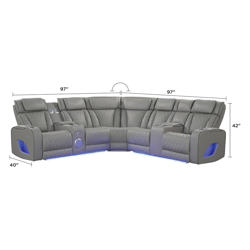 Fortuner Modern recliner sectional made with wood & faux leather in Gray