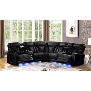 Fortuner Modern recliner sectional made with wood & faux leather in Black