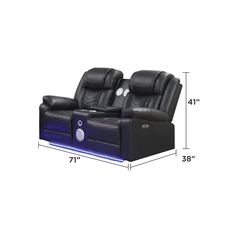 Challenger Modern LED Recliner Loveseat with console bluetooth speaker in Black