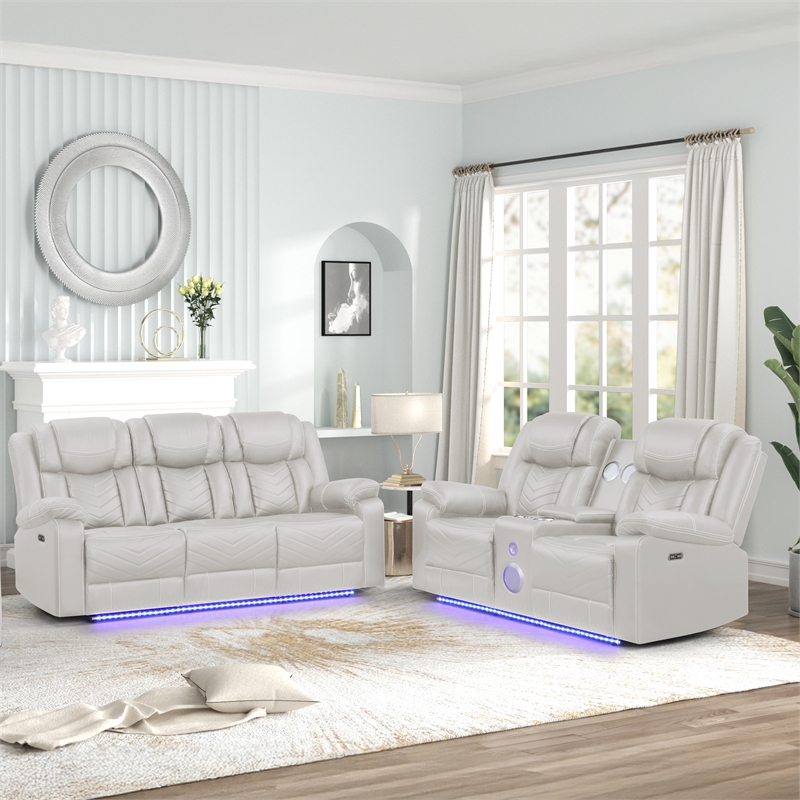 Challenger Modern LED Recliner Loveseat with console Bluetooth speaker in Beige