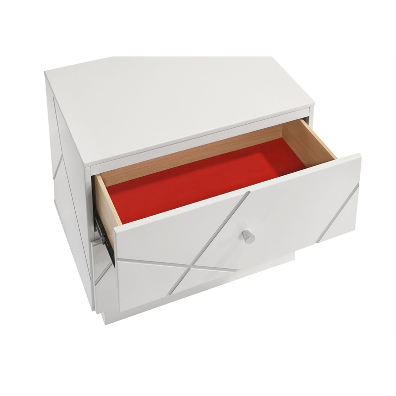 Manhattan Nightstand with Solid+Manufactured Wood & Red Velvet Lining in White