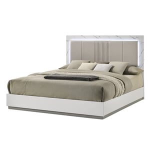 Mist Modern style Queen Bed made with Wood Lacquer & Marble Headboard in White