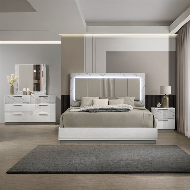 Mist 4PC Queen bedroom Set made with Wood Lacquer & Marble Detailing in White