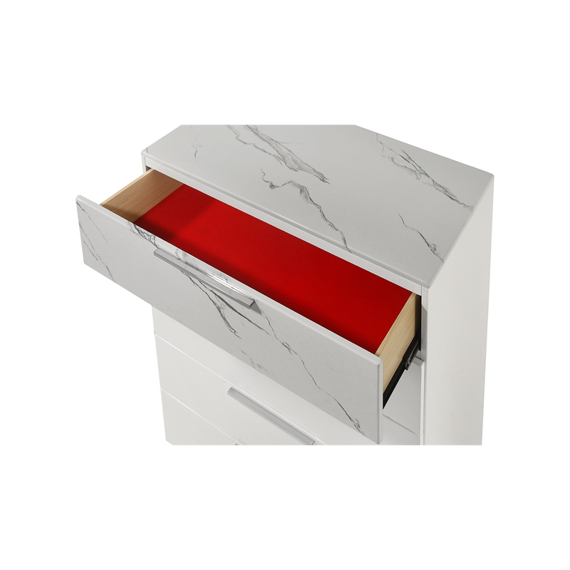 mist chest - solid + manufactured wood lacquer & marble detailing in white