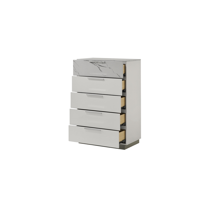 mist chest - solid + manufactured wood lacquer & marble detailing in white