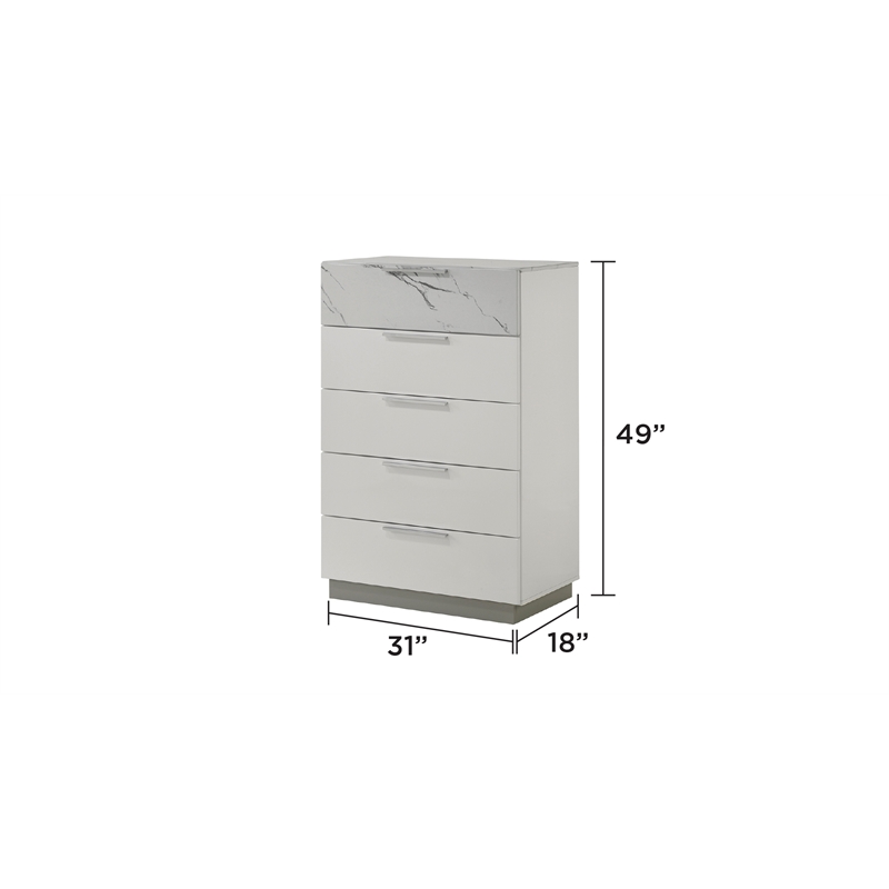 mist chest - solid + manufactured wood lacquer & marble detailing in white