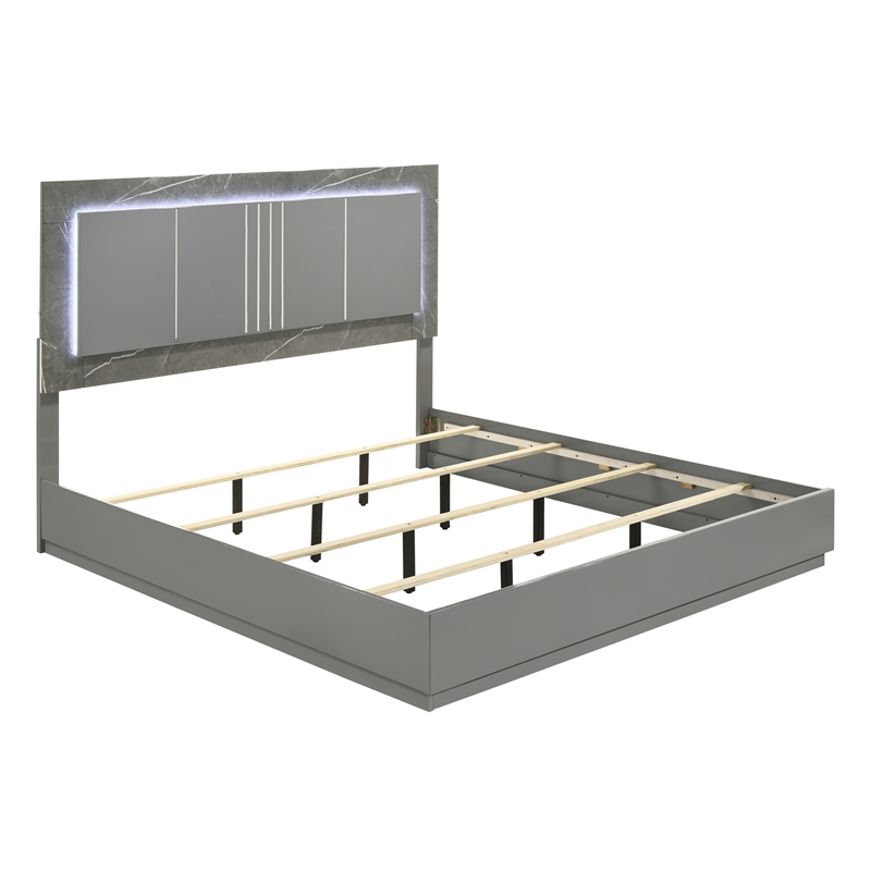 Elara Queen Bed - Manufactured Wood - Gray & LED Marble Accent Headboard