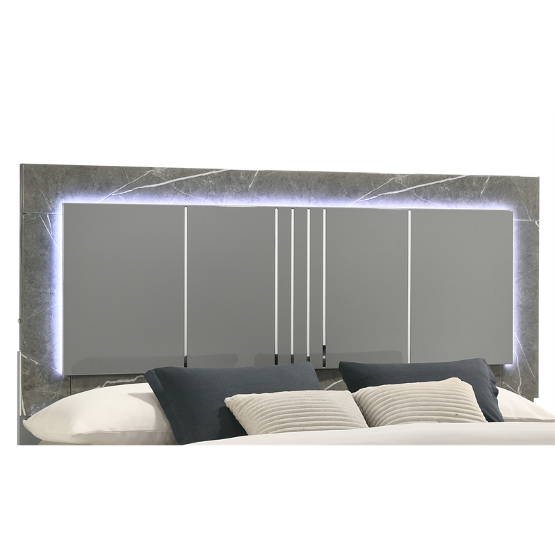 Elara Queen Bed - Manufactured Wood - Gray & LED Marble Accent Headboard