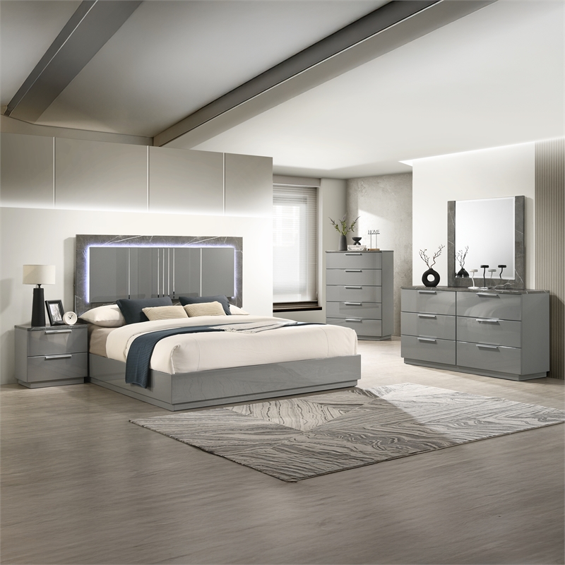 Elara Queen 5PC Set - Manufactured Wood - Gray & LED Marble Accent Headboard