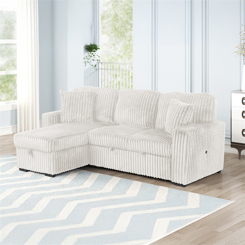 Plush Sectional made with Soft Corduroy and Wood in Cream