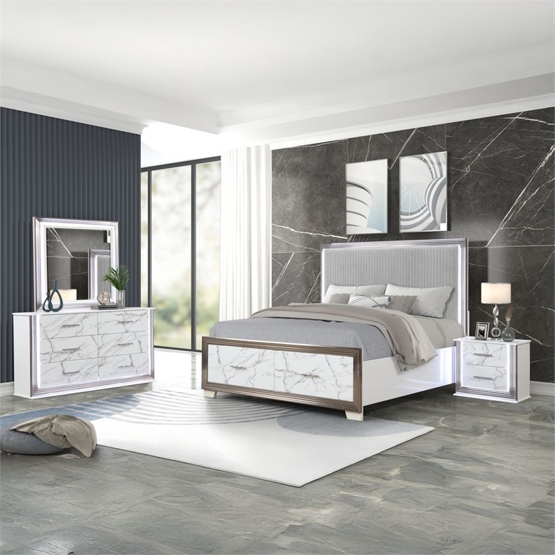 Desire King 4PC Set including  Manufactured Wood LED Lighting in White