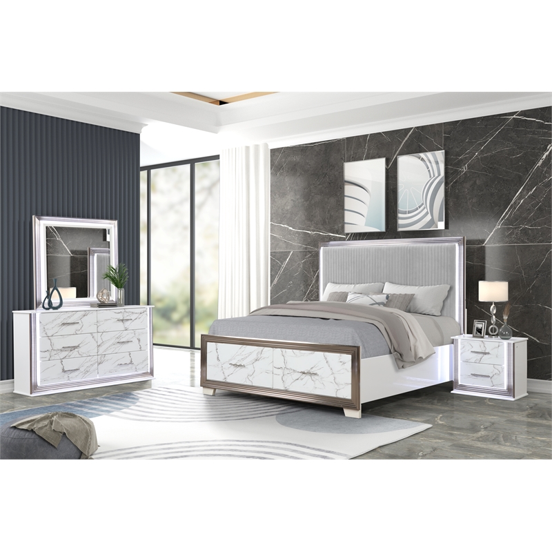 Desire King 4PC Set including  Manufactured Wood LED Lighting in White