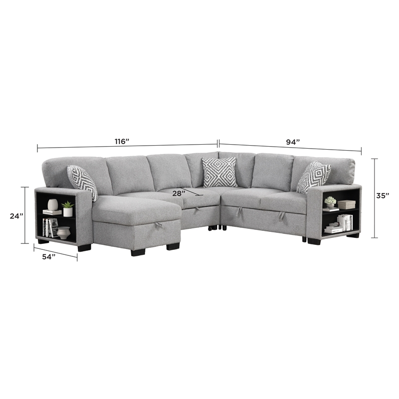 Cairo Sectional Sofa with pullout sleeper and USB made with wood and metal Gray