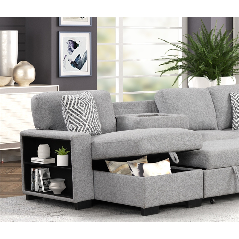Cairo Sectional Sofa with pullout sleeper and USB made with wood and metal Gray