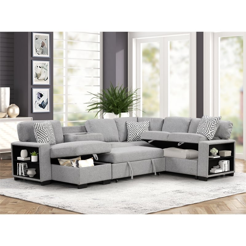 Cairo Sectional Sofa with pullout sleeper and USB made with wood and metal Gray