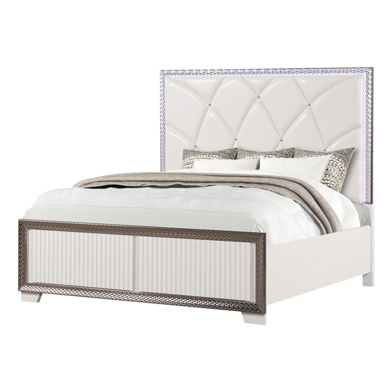 Fabio Modern Style LED Queen Size Bed Made With Wood in White Finish