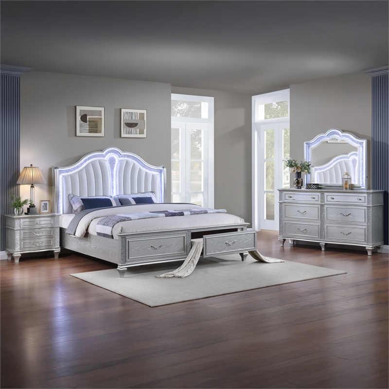 Mystic Modern Style LED 4-Piece King Bedroom Set Made With Wood in Silver