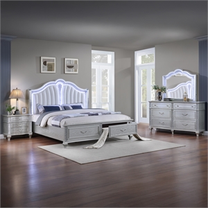 Mystic Modern Style LED 4-Piece King Bedroom Set Made With Wood in Silver