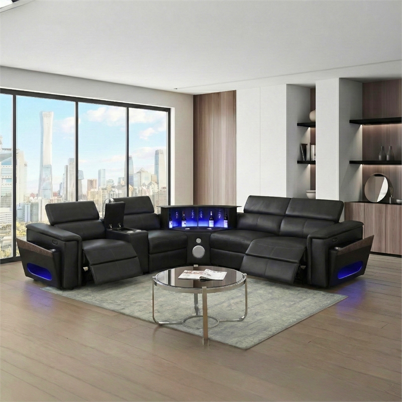 Sectional with 1 Console and Reading Light made with Faux Leather- Black