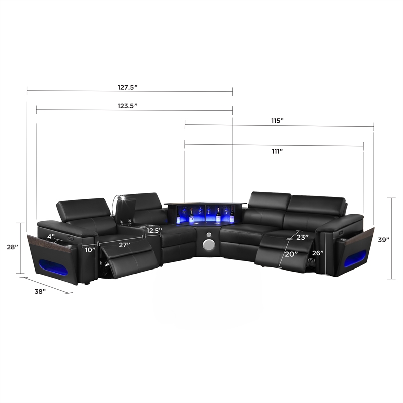 Sectional with 1 Console and Reading Light made with Faux Leather- Black