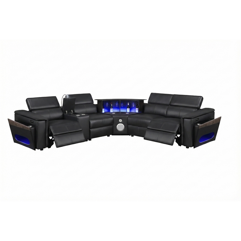 Sectional with 1 Console and Reading Light made with Faux Leather- Black