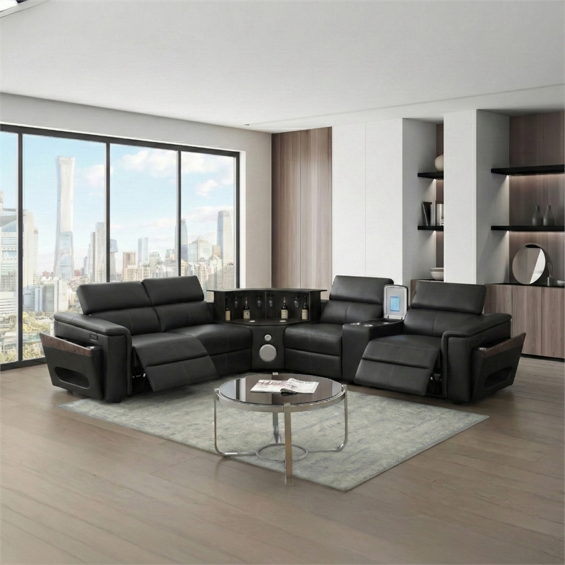 Modern Sectional with 1 Console and Built -In Fridge-Black