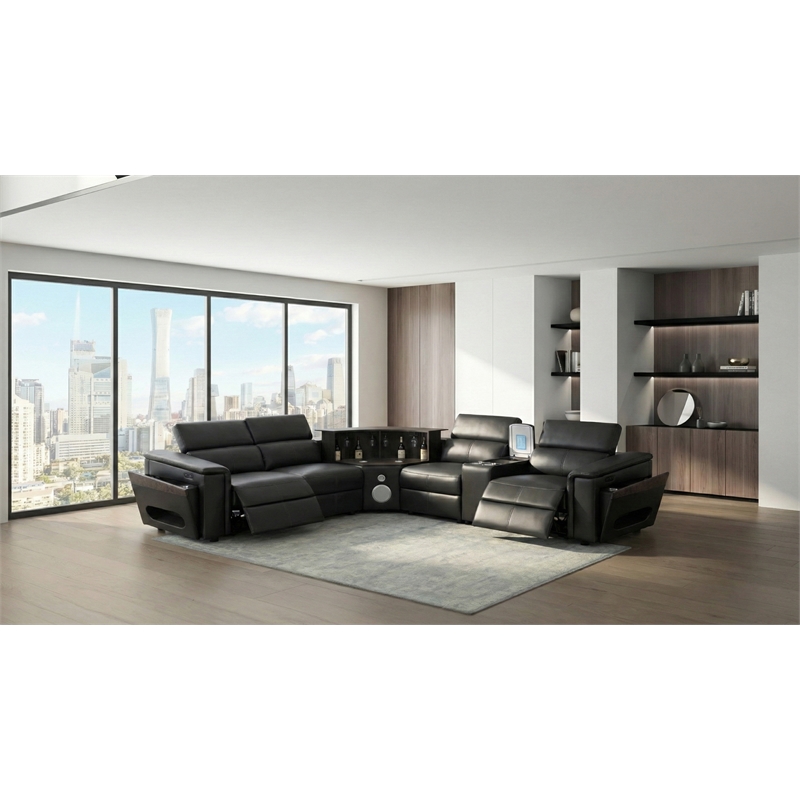 Modern Sectional with 1 Console and Built -In Fridge-Black