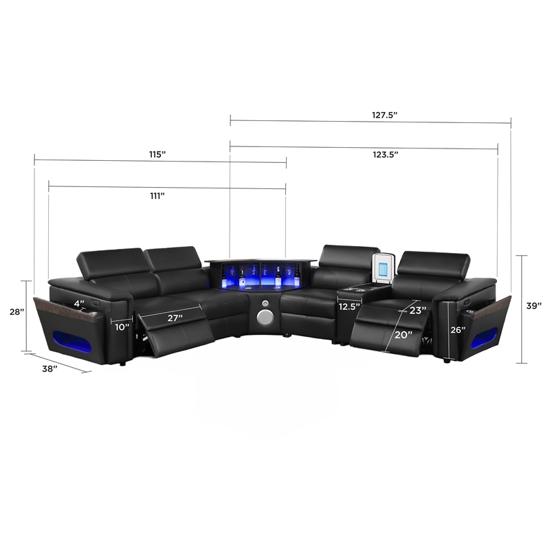 Modern Sectional with 1 Console and Built -In Fridge-Black
