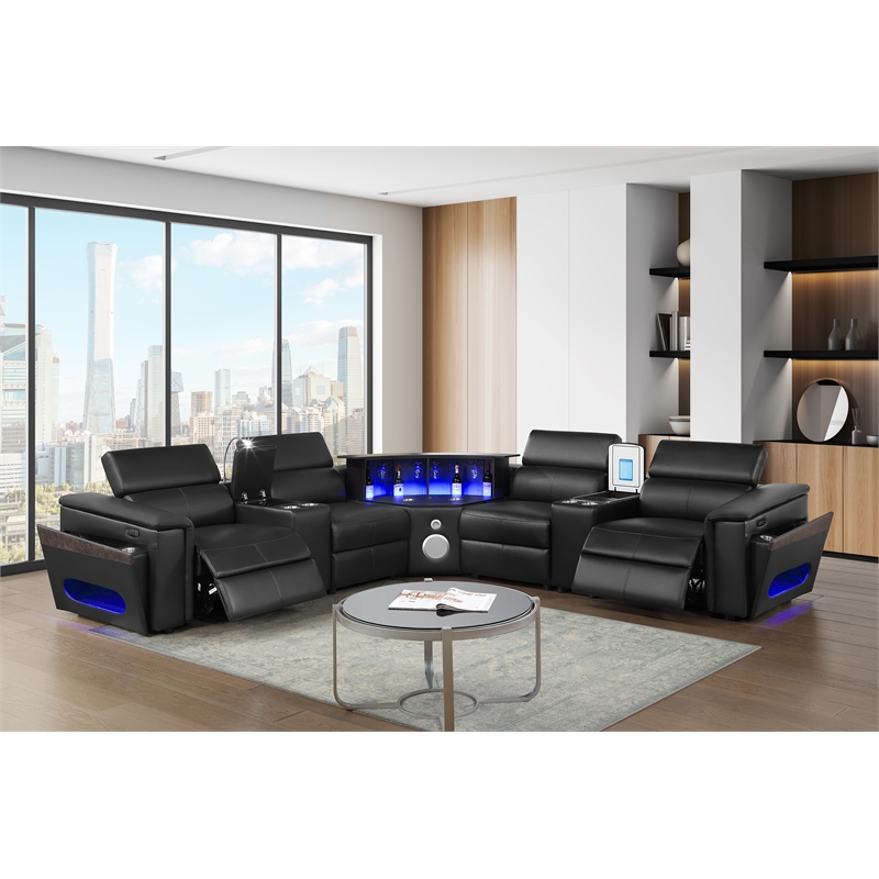 Modern Sectional with 2 Consoles with Reading Light and Fridge-Black