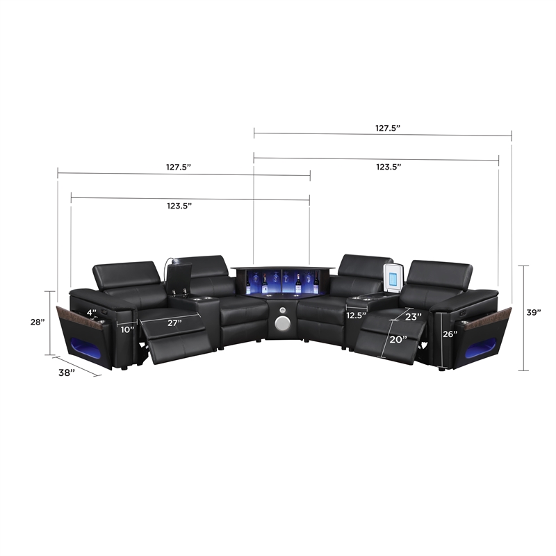 Modern Sectional with 2 Consoles with Reading Light and Fridge-Black