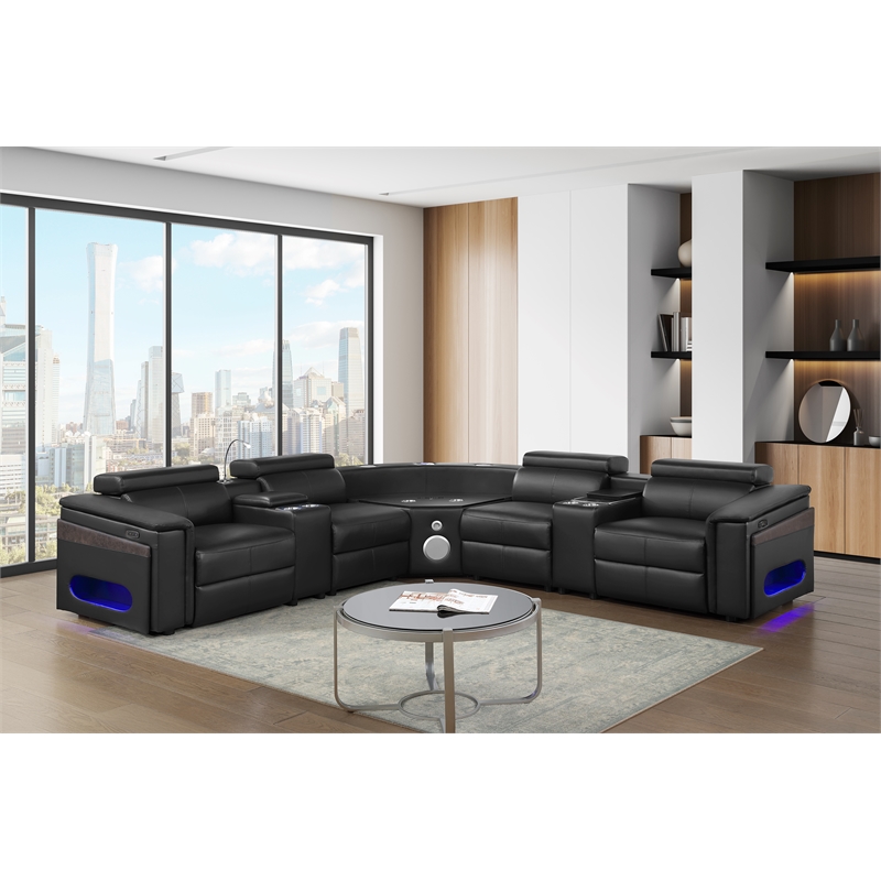 Modern Sectional with 2 Consoles with Reading Light and Fridge-Black