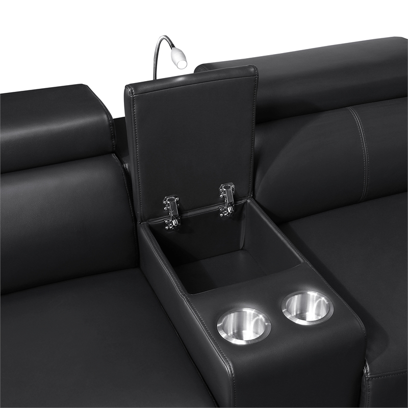 Modern Sectional with 2 Consoles with Reading Light and Fridge-Black