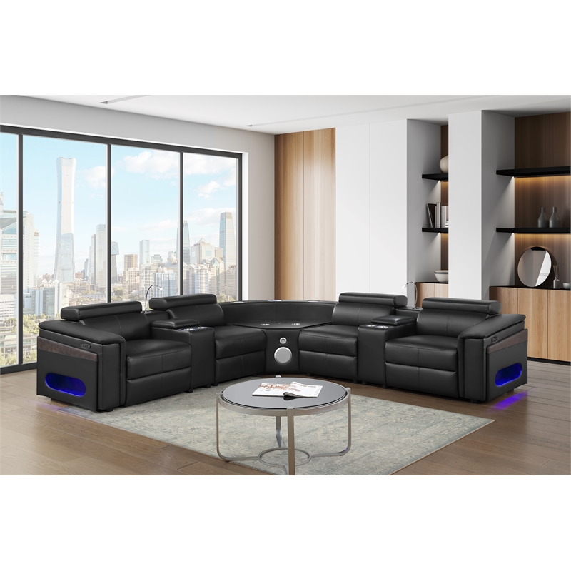Modern Sectional with 2 Consoles with Reading Light and Fridge-Black