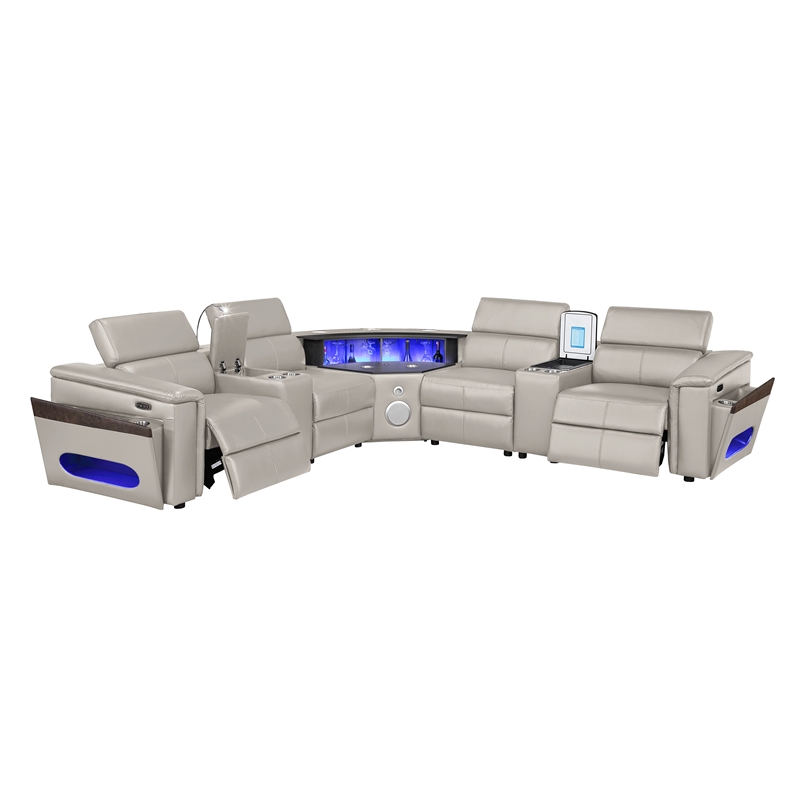 Modern Sectional with 2 Consoles with Reading Light and Fridge-Gray