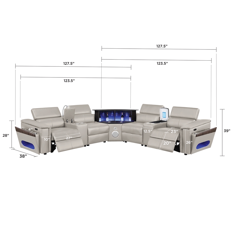 Modern Sectional with 2 Consoles with Reading Light and Fridge-Gray