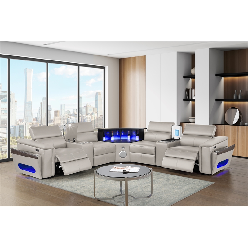 Modern Sectional with 2 Consoles with Reading Light and Fridge-Gray